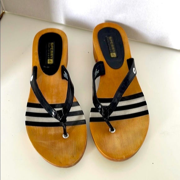 Sperry Top Sider Black and Tan Striped Wooden Sandals Size 7 Flip Flop Slip On - Picture 1 of 14